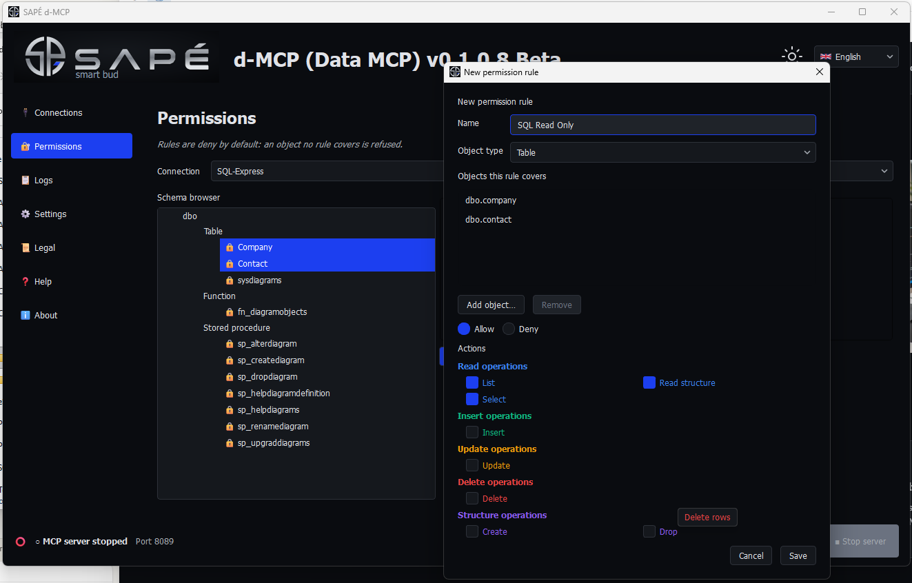 SAPÉ d-MCP permission manager screenshot