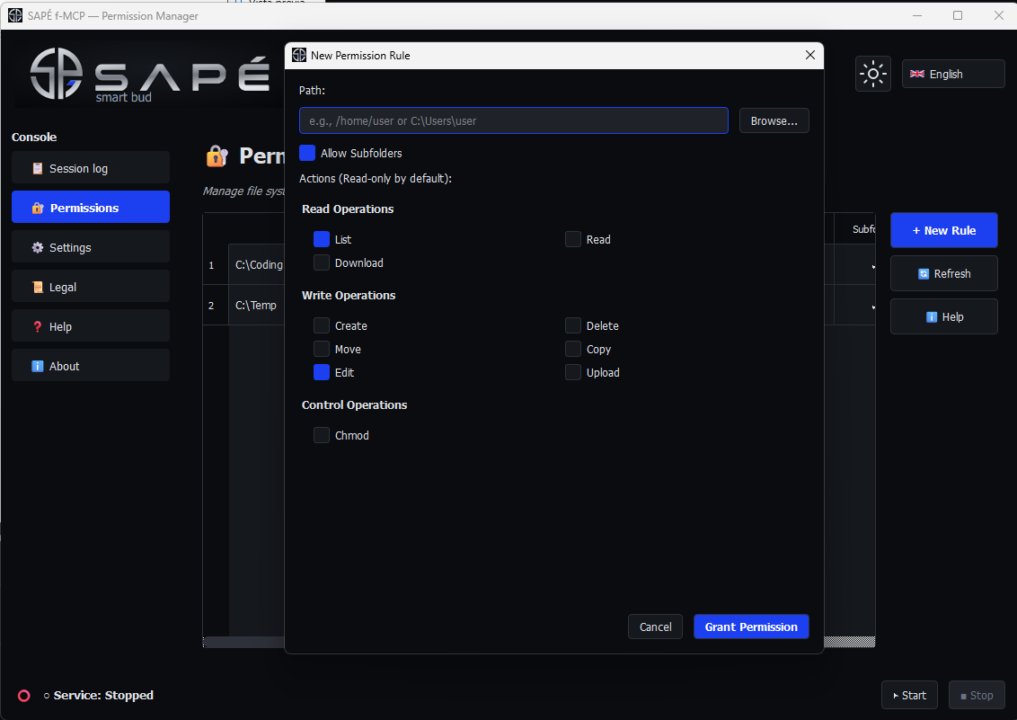 SAPÉ f-MCP permission manager screenshot